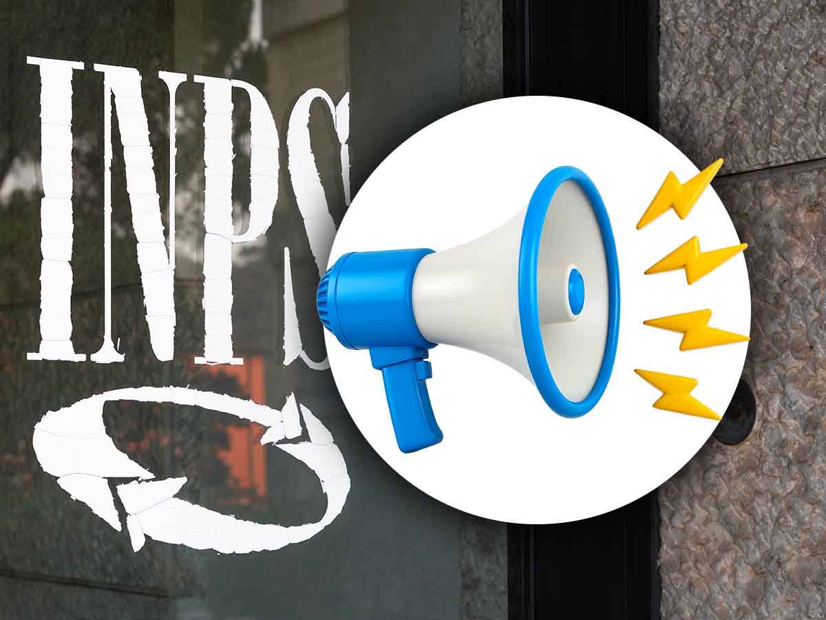 Logo dell'INPS e un megafono 'suonante'