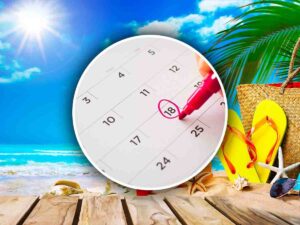 Pennarello che cerchia in rosso un data sul calendario, sullo sfondo una spiaggia e il sole che splende