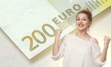 una banconota da 200 euro e una ragazza che esulta