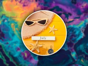 Occhiali da sole, stelle marine e targhetta con scritto luglio