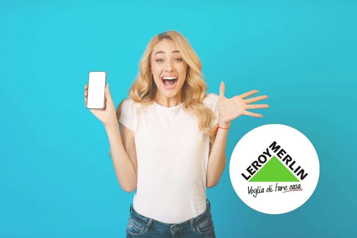 ragazza con smartphone e sguardo felice e logo di leroy merlin