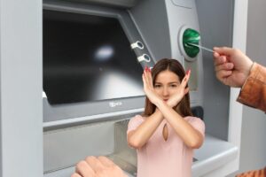uomo al bancomat e figura con donna braccia incrociate