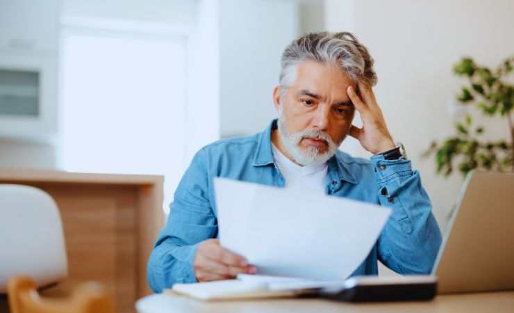 uomo legge foglio con le mani nei capelli